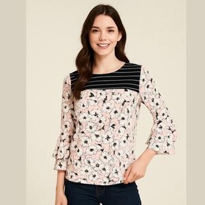 NY Collection Floral Stripe Bell Sleeve Long Sleeve Blouse Size Medium